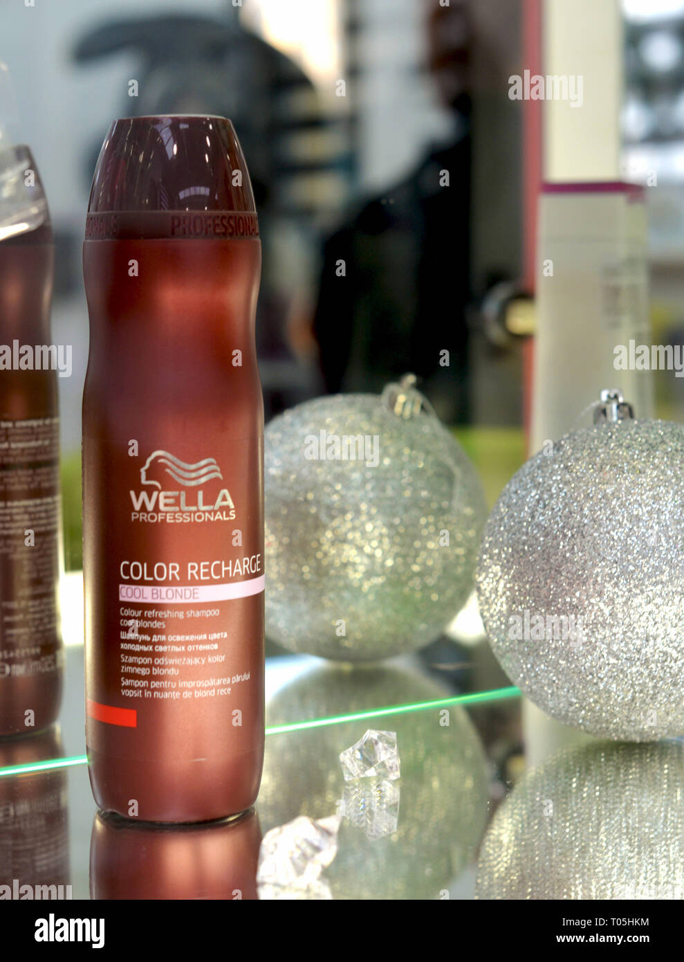hairstyle care, styling and coloring. Wella Professionals germany hair dye products Stock Photo