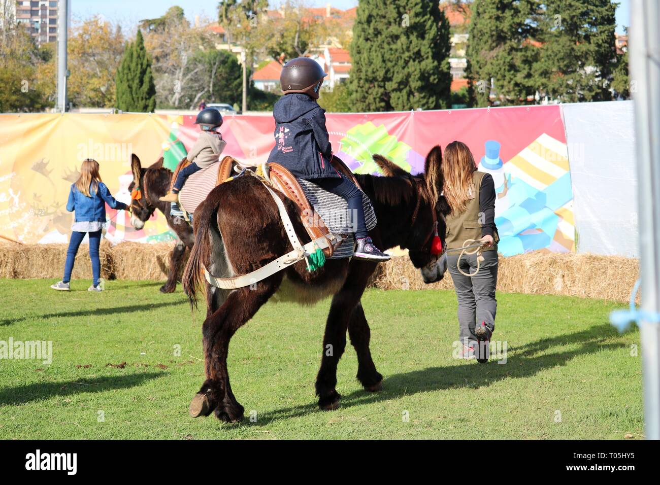 Kids ridding donkeys Stock Photo - Alamy
