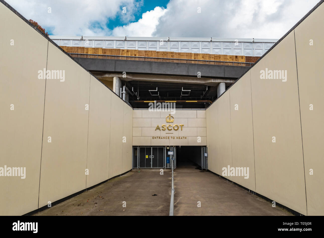 Ascot, England - March 17, 2019: Street view of the entrance of the iconic British Ascot racecourse heath, known for its horse racing. Stock Photo