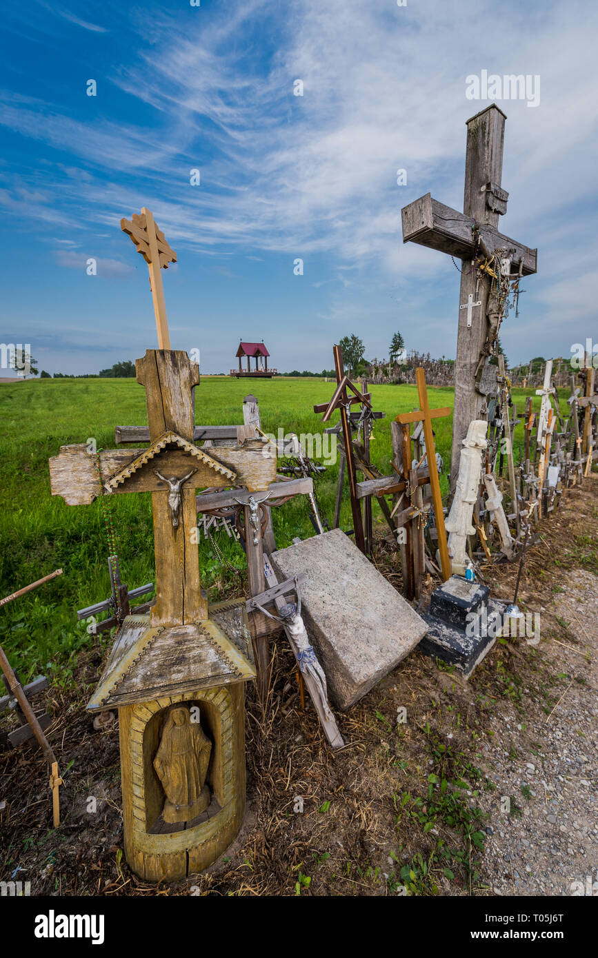 Wooden crosses on site of pilgrimage called Hill of Crosses, Lithuania Stock Photo