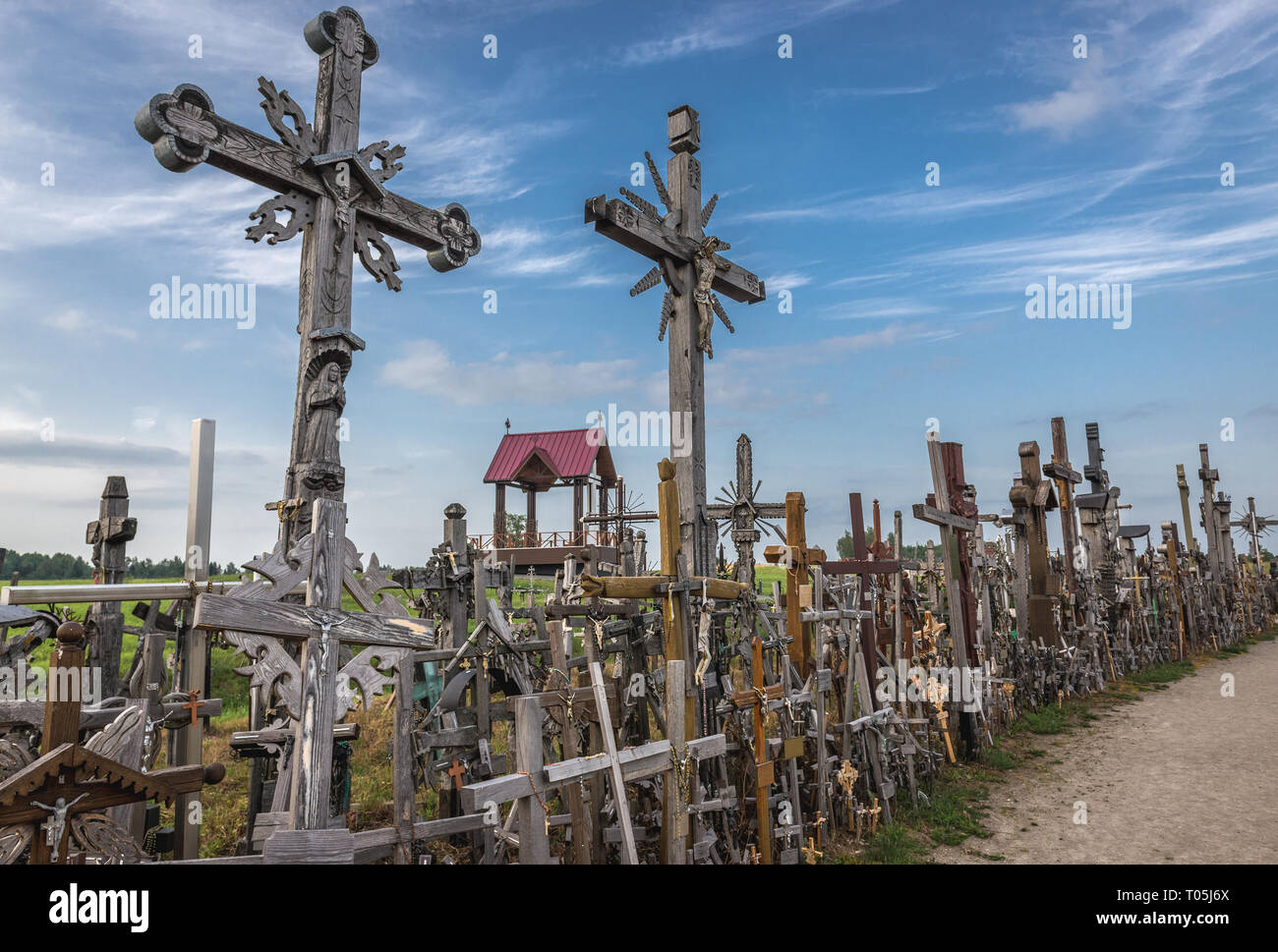 Wooden crosses on site of pilgrimage called Hill of Crosses, Lithuania Stock Photo