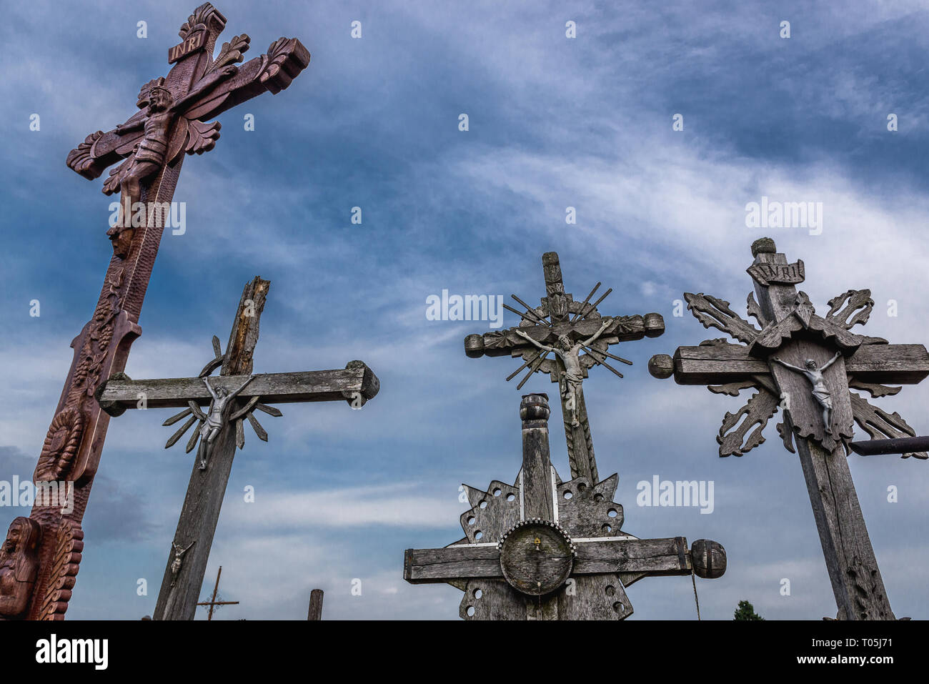 Wooden crosses on Hill of Crosses in Lithuania Stock Photo