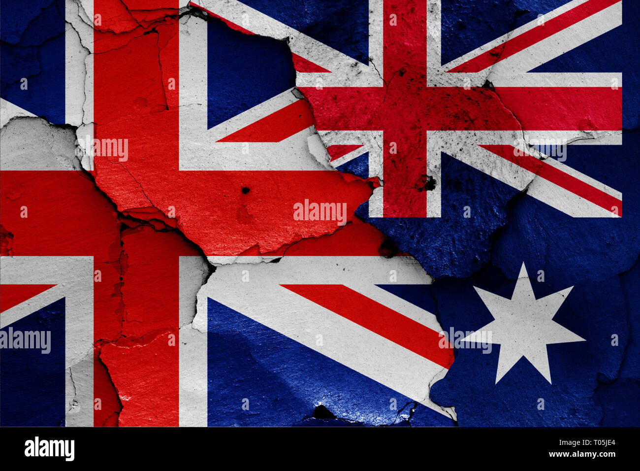 flags of UK and Australia painted on cracked wall Stock Photo - Alamy