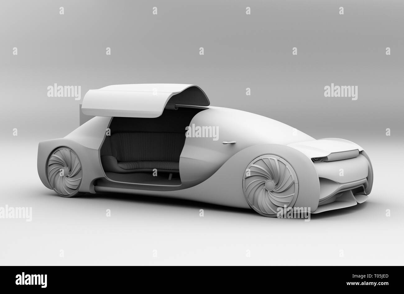 Clay rendering of self driving electric car exterior. Right door opened. 3D rendering image. Stock Photo