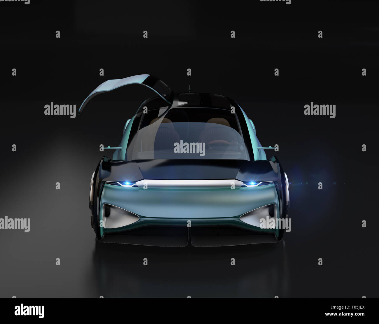 Front view of self driving electric car with right door opened on black background. 3D rendering image. Stock Photo