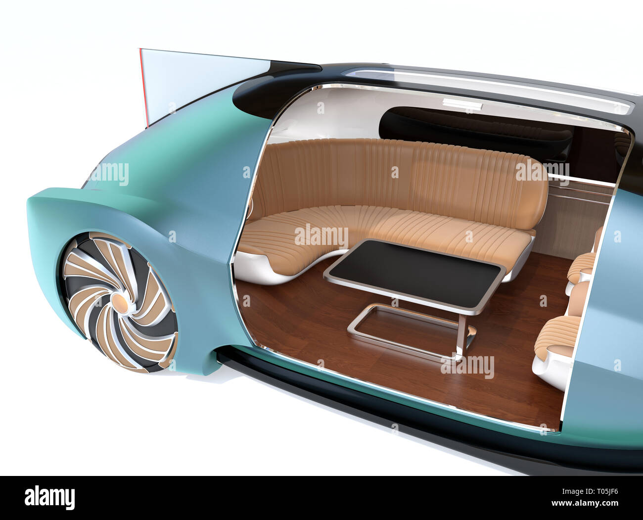 Close-up view of self driving electric car interior on white background. 3D rendering image. Stock Photo