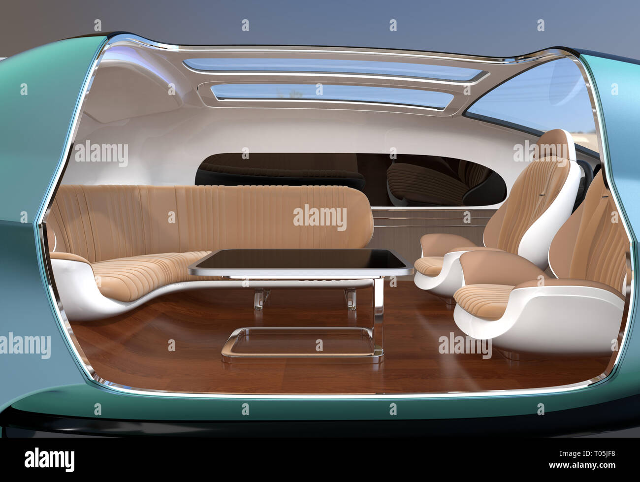 Close-up view of self driving electric car interior. 3D rendering image. Stock Photo
