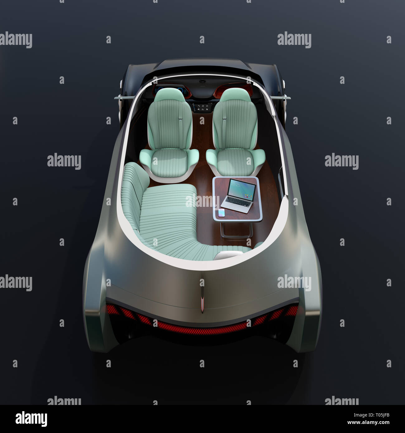 Cutaway self driving electric car on white background. Lounge chair and rear facing seats. First class style. 3D rendering image. Stock Photo
