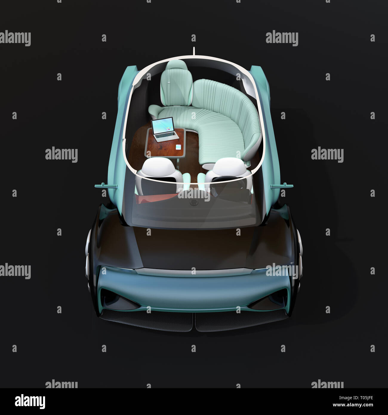 Cutaway self driving electric car on white background. Lounge chair and rear facing seats. First class style. 3D rendering image. Stock Photo