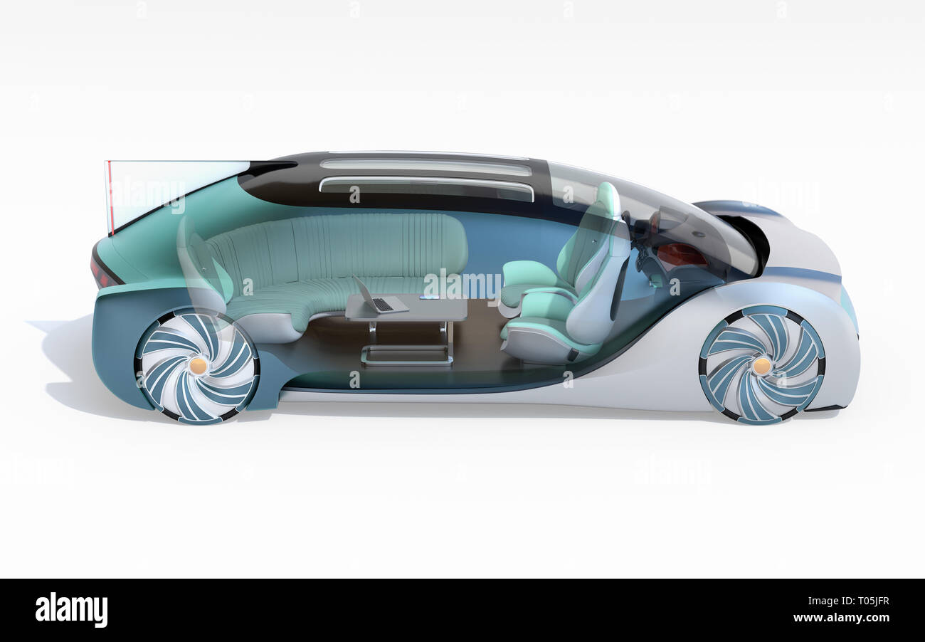 Side view of transparent self driving electric car on white background. Original design. 3D rendering image. Stock Photo