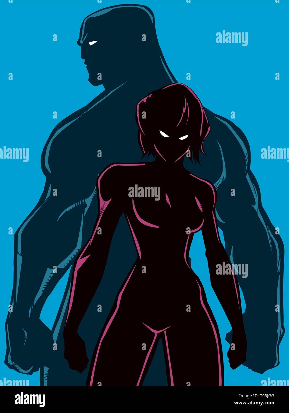 Superhero Couple Back to Back Silhouettes Stock Vector