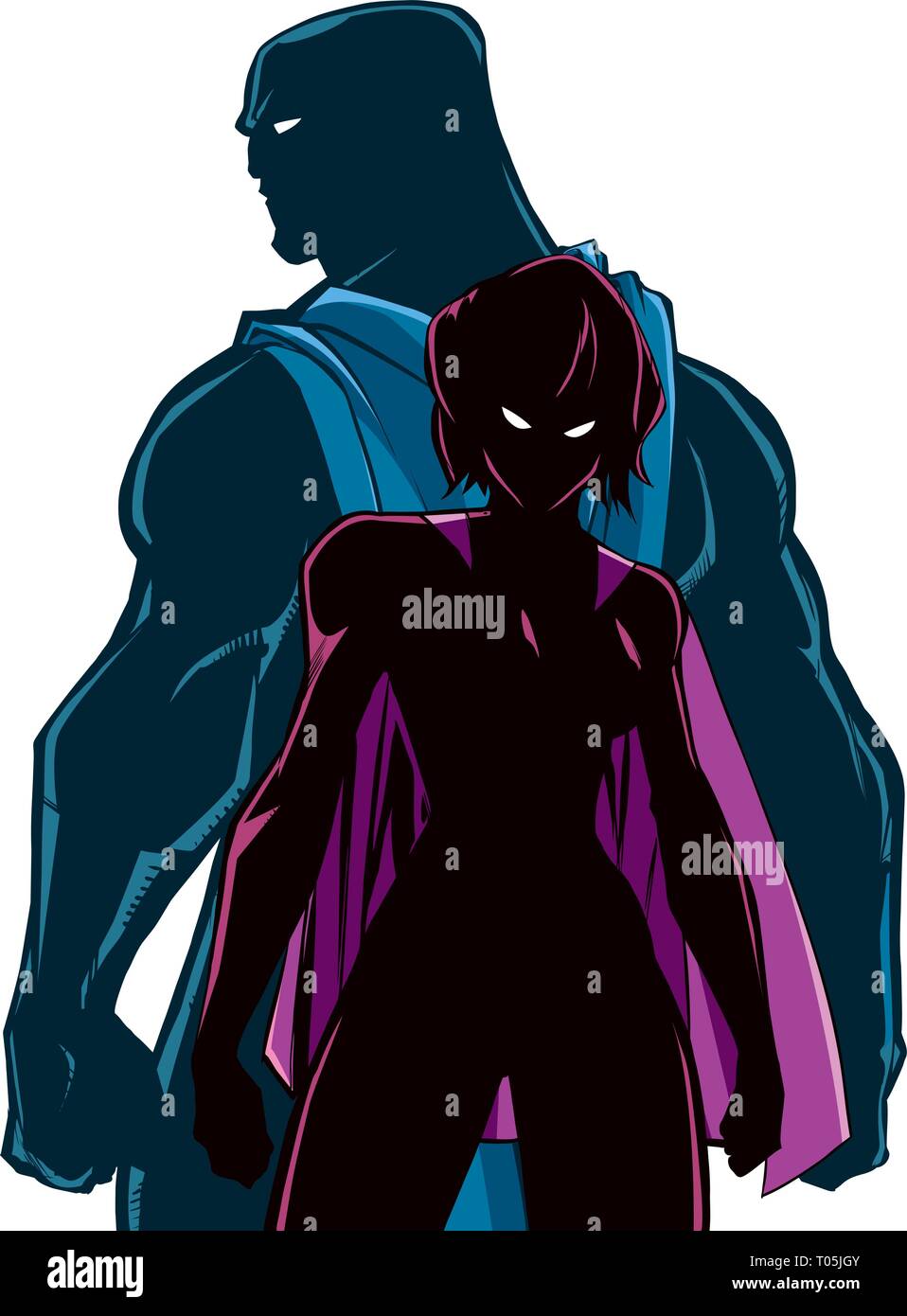 Superhero Couple Back to Back Silhouette Stock Vector