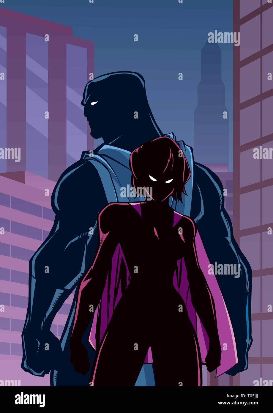Superhero Couple in City Silhouette Stock Vector