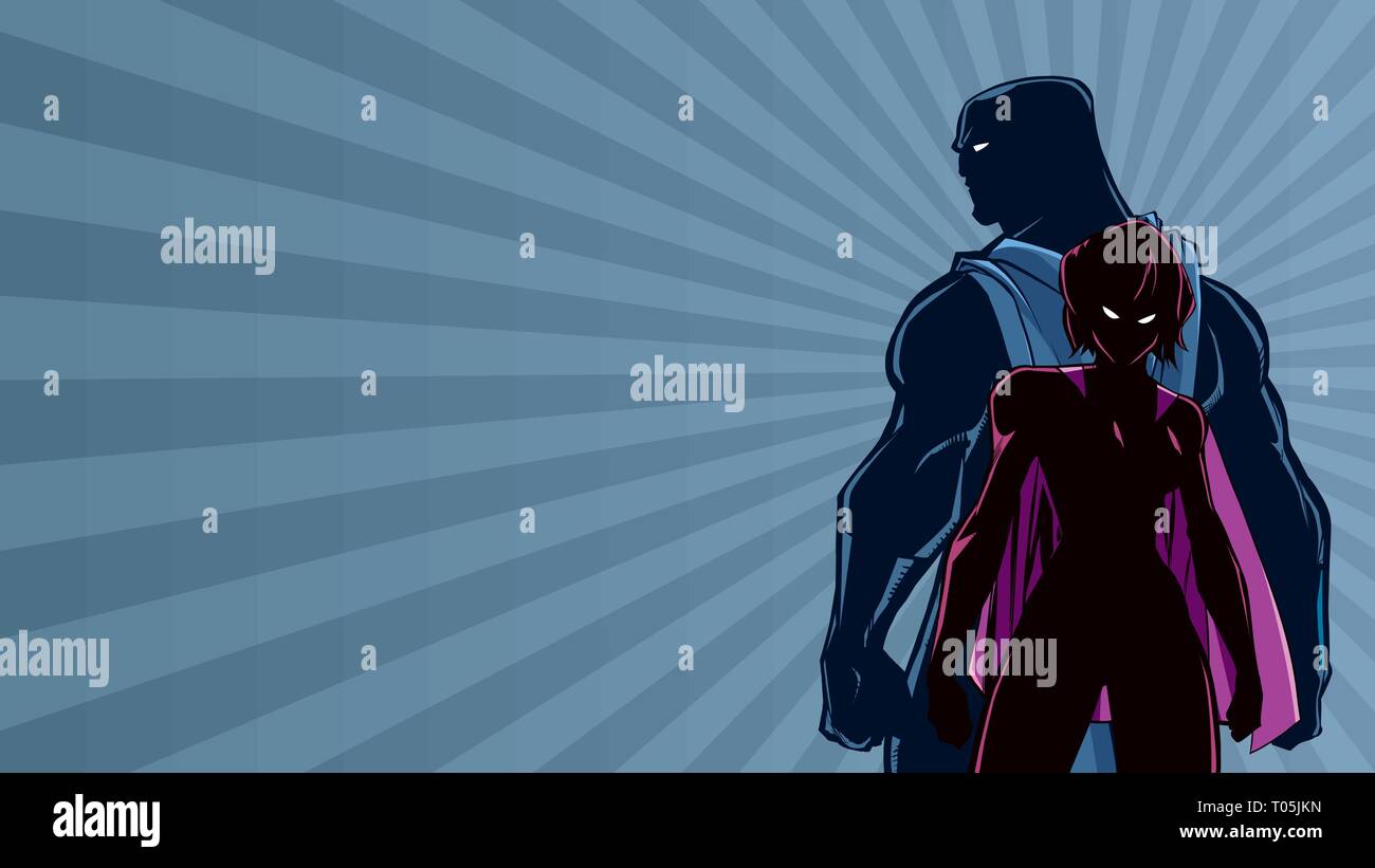 Superhero Couple Ray Light Silhouette Stock Vector