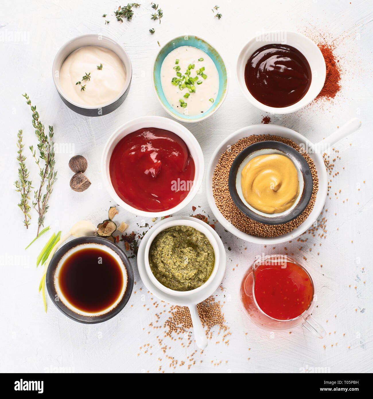 Set of various sauces ketchup, mayonnaise, barbecue, soy, mustard