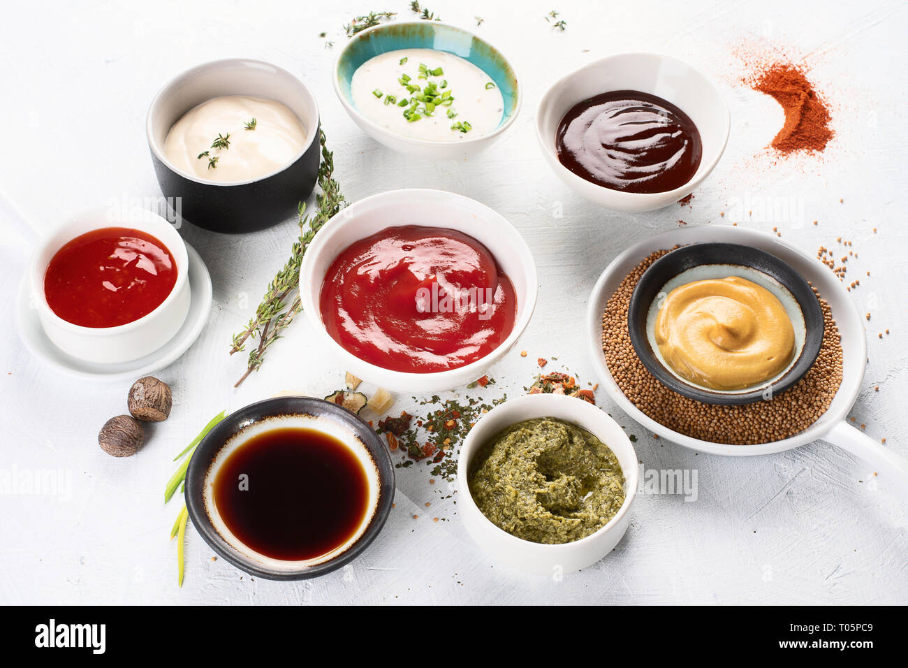 Set of various sauces ketchup, mayonnaise, barbecue, soy, mustard