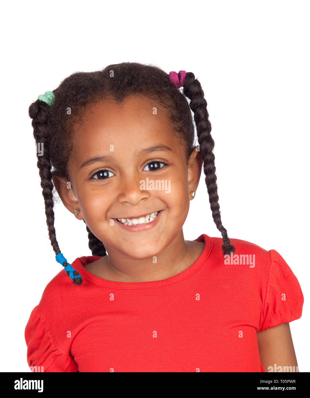 Happy african child with braids and red tshirt isolated on a white background Stock Photo