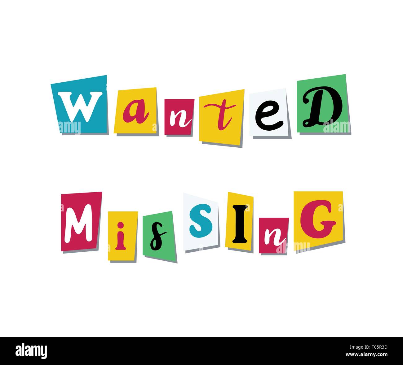 Wanted, missing text in cut out colorful letters Stock Vector