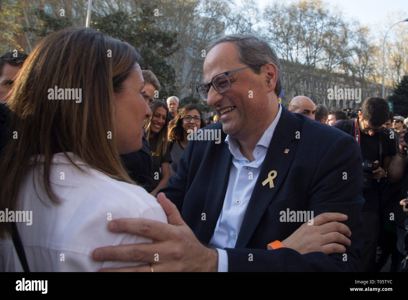Madrid, Spain. 16th March 2019. Quim Torra seen greeting the people during the protest. Hundreds of Catalans protest in Madrid for independence, for self-determination and for the freedom of the political prisoners. Credit: SOPA Images Limited/Alamy Live News Stock Photo