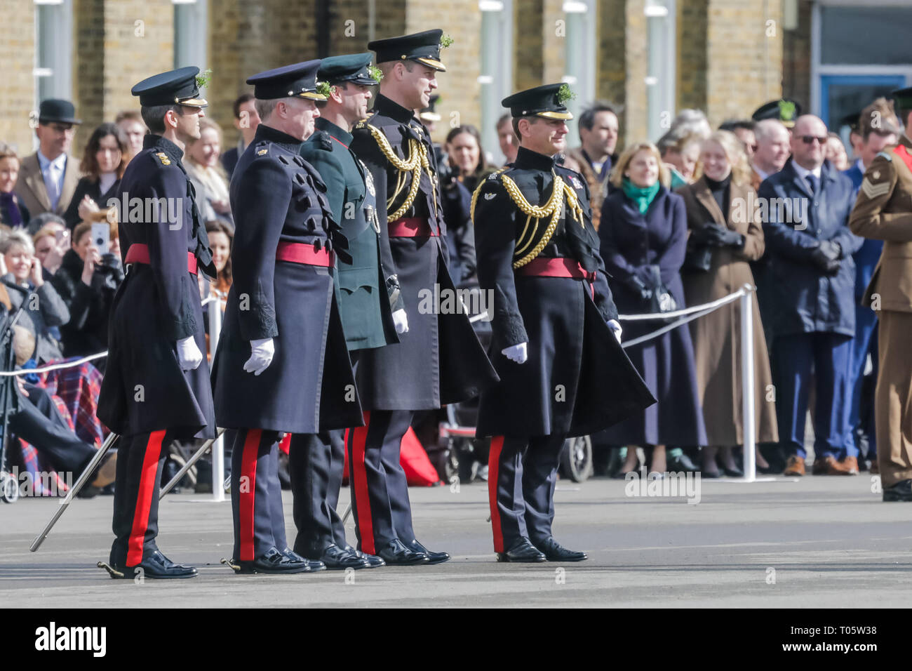 London, UK. 17th March 2019. London, UK. 17th March 2019. HRH Prince William, Duke of Cambridge, Colonel of the Irish Guards, and HRH Catherine, Duchess of Cambridge, attending the St Patrick's Day Parade at Cavalry Barracks in Hounslow, home of The 1st Battalion Irish Guards. Credit: Chris Aubrey/Alamy Live News Credit: Chris Aubrey/Alamy Live News Stock Photo