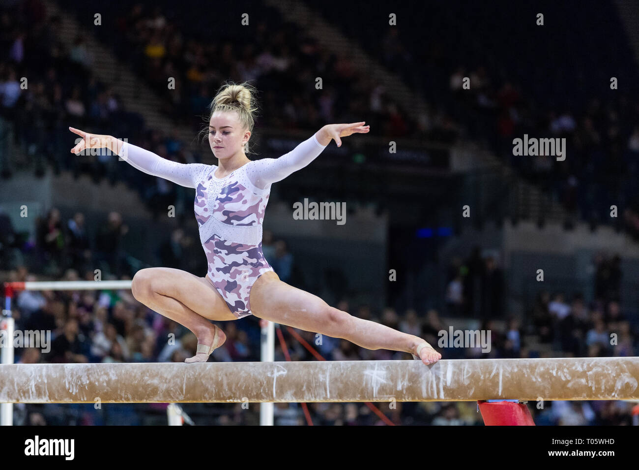 Liverpool, UK. 17th March 2019. Halle Hilton of South Essex Gymnastics competing at the Men’s and Women’s Artistic British Championships 2019, M&S Bank Arena, Liverpool, UK. Credit: Iain Scott Photography/Alamy Live News Stock Photo