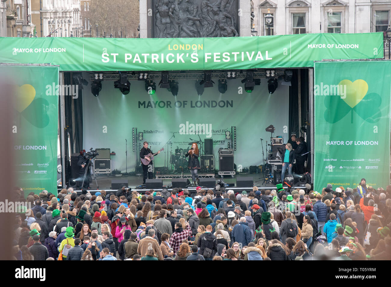 London, UK, 17 March 2019  The London St Patrick's Day Festival, now in its 17th year, attracts more than 125,000 people to events across London and to the parade and festival in central London and Trafalgar Square. This year’s theme is #LondonIsOpen.   Credit: Ilyas Ayub/ Alamy Live News Stock Photo