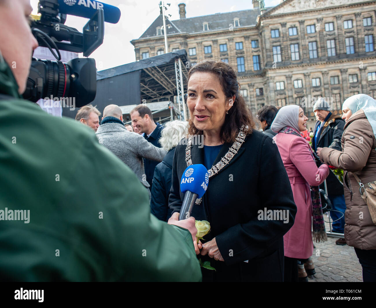 Amsterdam, Netherlands. 17th Mar, 2019. Mayor of Amsterdam, Femke Halsema  is seen giving an interview after the demonstration to pay respect of the  Christchurch mosques attack victims in Amsterdam. In response to