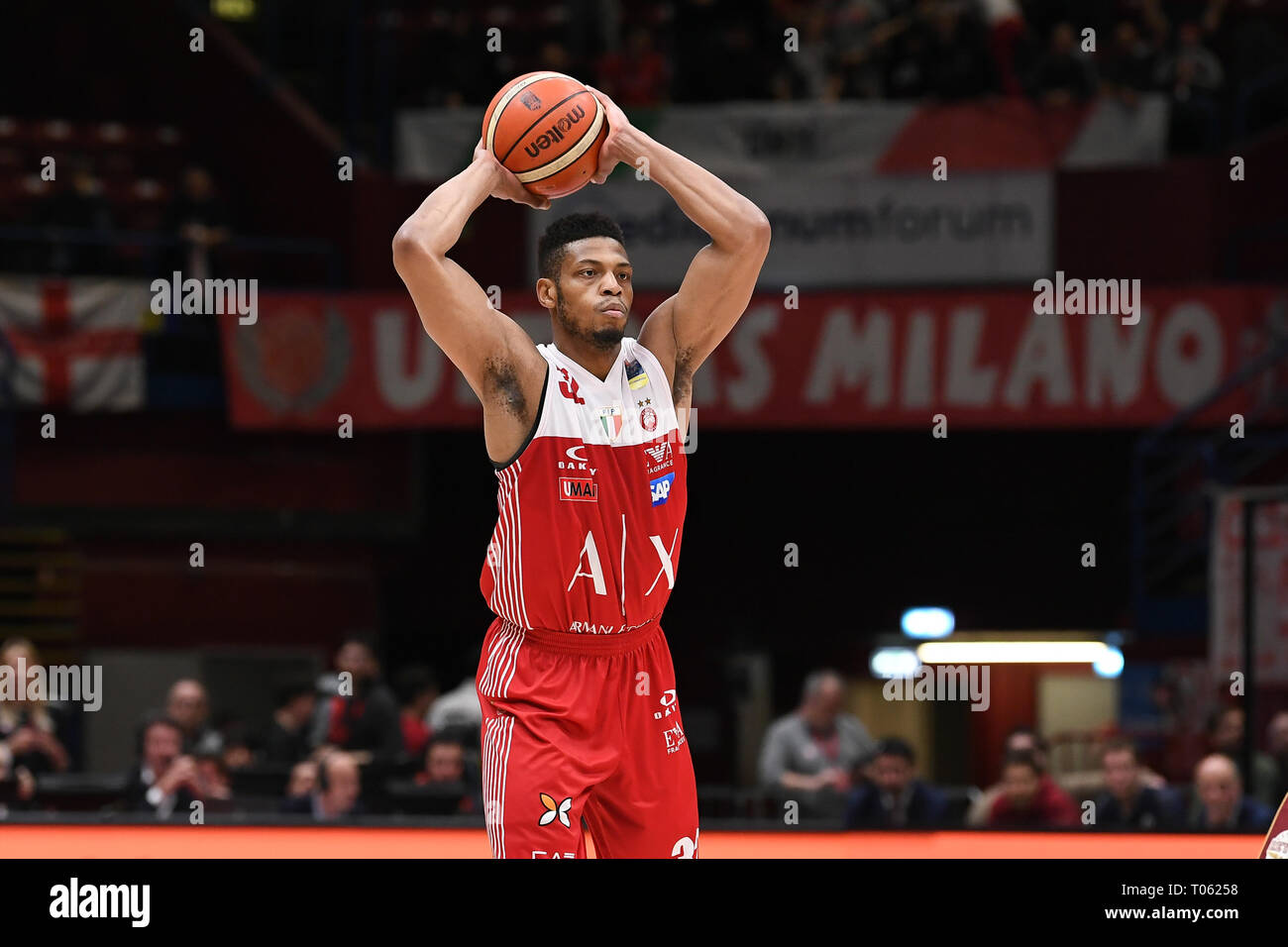 Jeff Brooks, #32 of AX Armani Exchange Olimpia Milano and Giorgio Armani  are seen during the 2018/2019 Turkish Airlines EuroLeague Regular Season  Round 26 game between AX Armani Exchange Olimpia Milano and