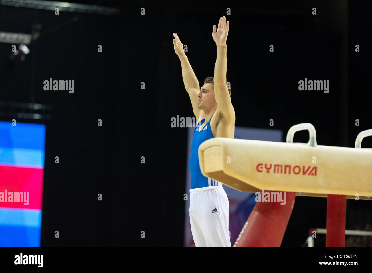Liverpool, UK. 17th March 2019. Pommel Horse Gold medalist Max Whitlock, MBE of South Essex Gymnastics competing at the Men’s and Women’s Artistic British Championships 2019, M&S Bank Arena, Liverpool, UK. Credit: Iain Scott Photography/Alamy Live News Stock Photo