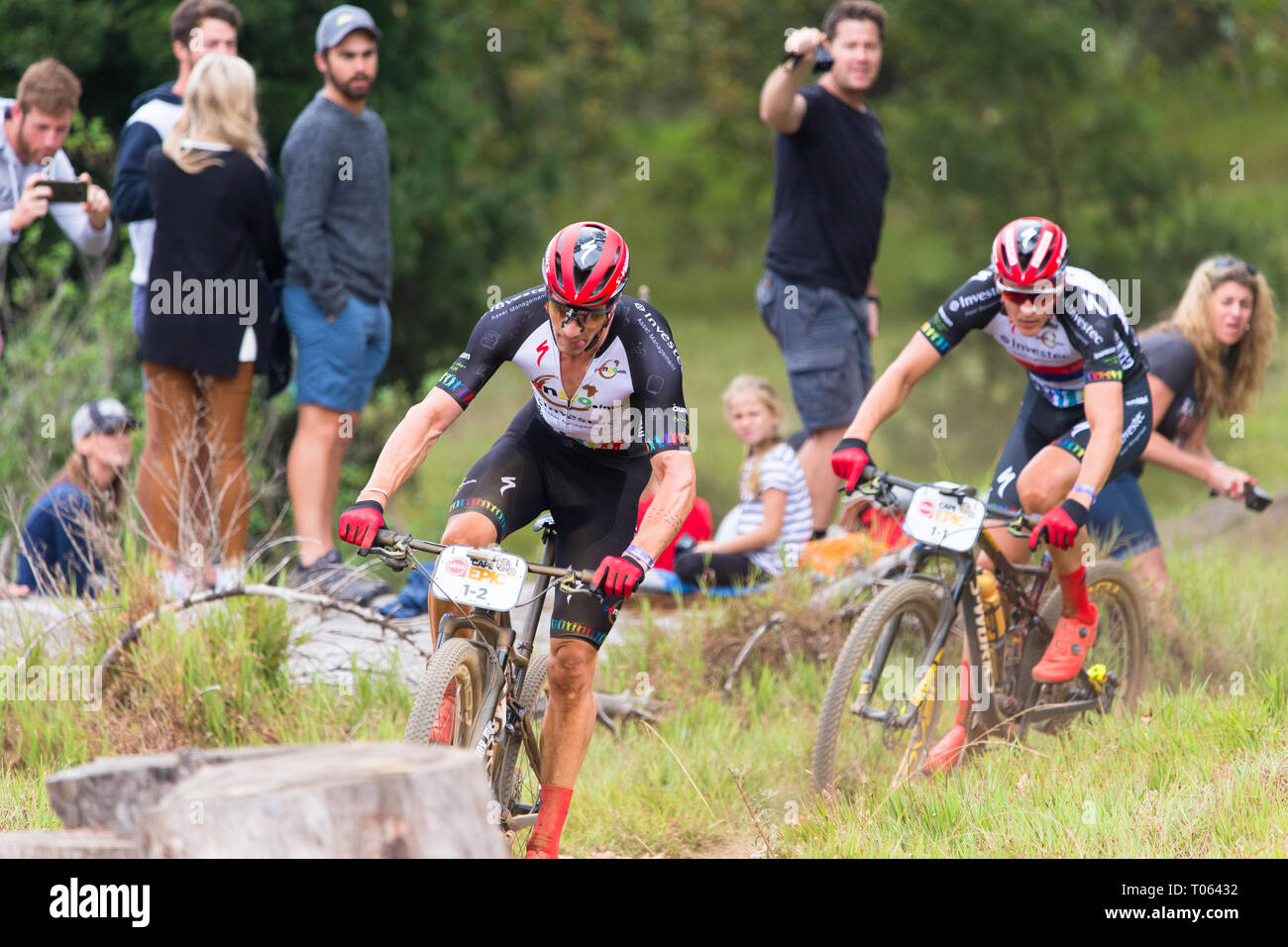 Cape Town, South Africa. 17th March, 2019.  Sam Gaze of New Zealand in front and his partner Jaroslav Kulhavy of the Czech Republic close behind nearing  the end of the prologue stage of the start of the eight day Absa Cape Epic cycle race.©Childa Santrucek/Alamy Live News Stock Photo