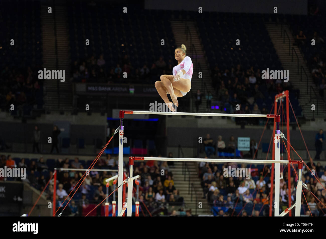 Liverpool, UK. 17th March 2019. Alice Kinsella of Park Wrekin School of Gymnastics competing at