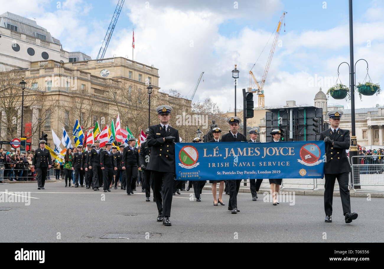 London, UK. 17th Mar, 2019. 17th March 2019. London, UK. Thousands lined the streets of Central London for the annual parade to celebrate the patron saint of Ireland, Patrick. Picture of Irish navy soldiers. Credit: AndKa/Alamy Live News Stock Photo
