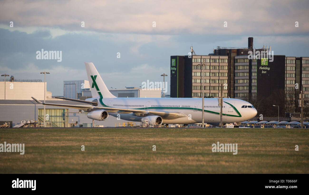 Glasgow, UK. 17 March 2019. Scotland Football Team's private Aircraft seen on the ramp at Glasgow Airport hours before departing with the team.  Air X operate luxury transport aircraft, with this Airbus A340-300 (reg: 9H-BIG) being their flagship aircraft which seats 100 passengers with 12 crew featuring flatbed seats with a 2-2-2 seating layout on a wide body aircraft. Credit: Colin Fisher/Alamy Live News Stock Photo