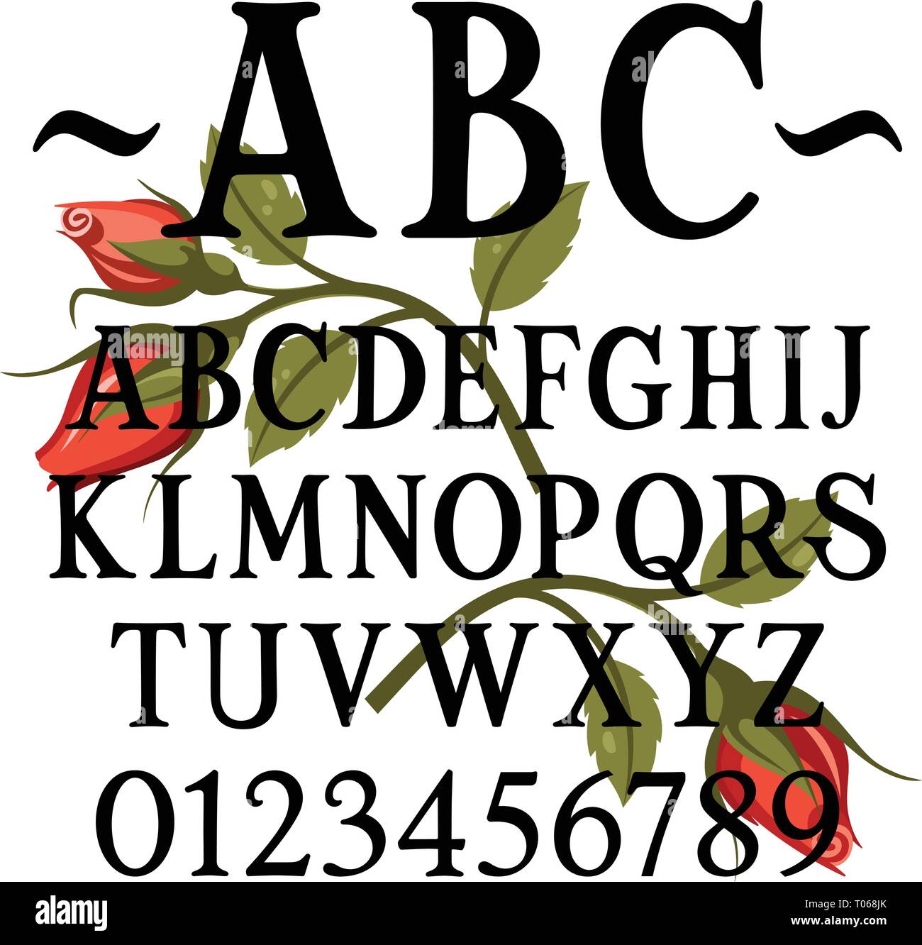 Hand drawn serif font. Simple handcrafted classic alphabet with red roses as decoration Stock Vector