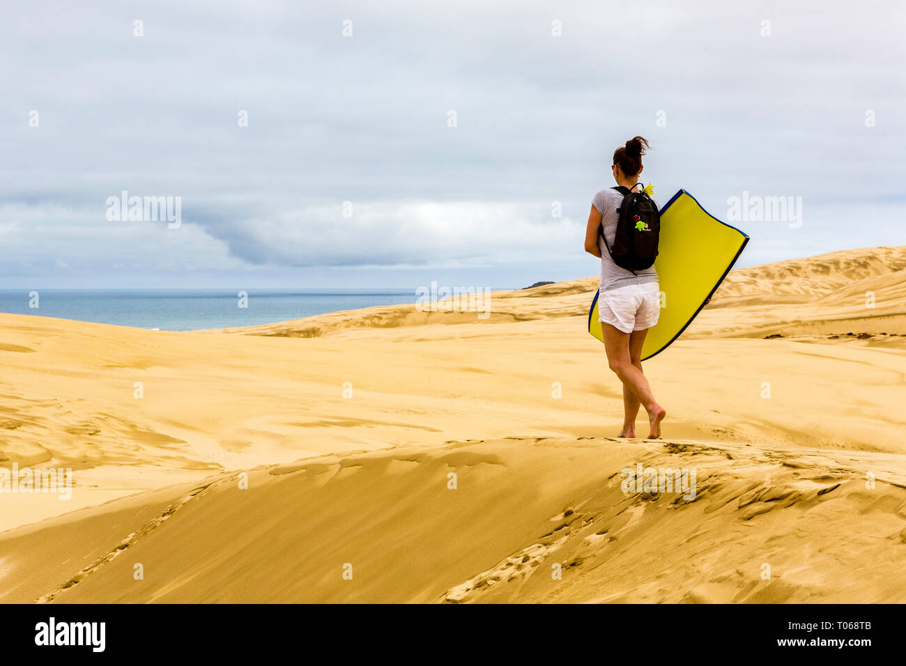 Woman with sandboard Giant sand dunes, Te Paki, Northland, North Island, New Zealand Stock Photo