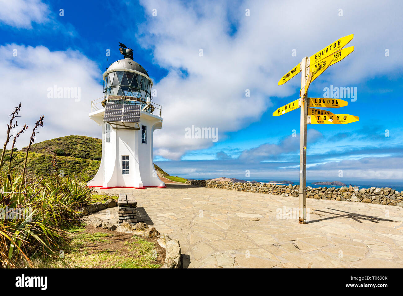 Lighthouse at Cape Reinga, New Zealand Stock Photo