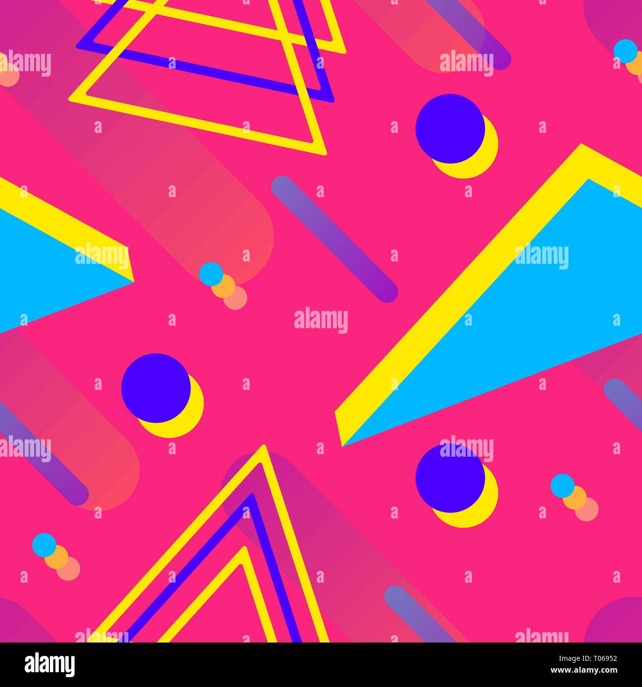 Vaporwave seamless 80's style pattern with geometric shapes. Colorful background with shapes, gradients and text. Stock Vector