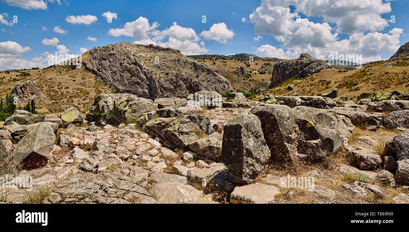 Ruins of walls of Temple I, Hattusa (also Ḫattuša or Hattusas) late Anatolian Bronze Age capital of the Hittite Empire. Hittite archaeological site an Stock Photo