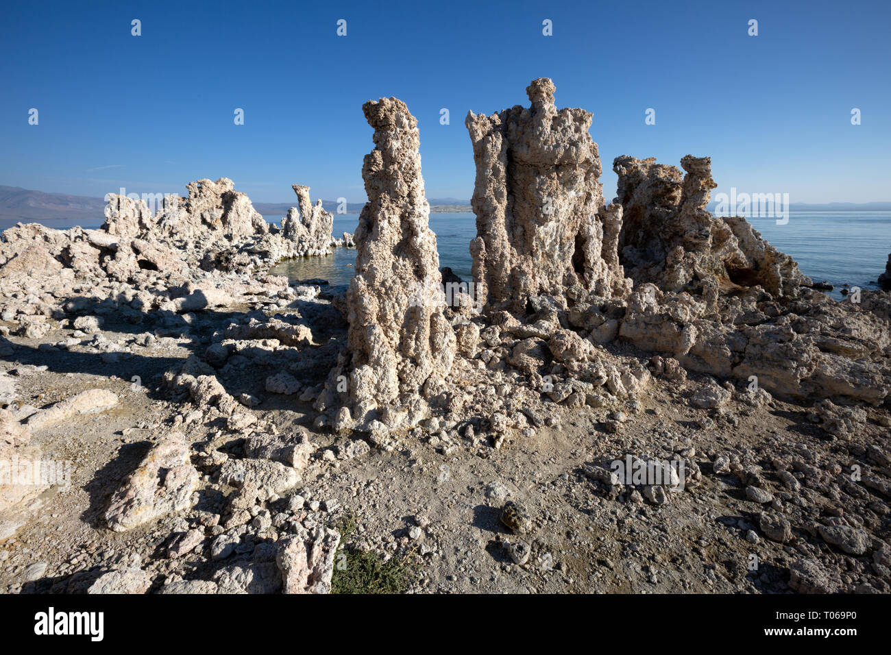 Groups of limestone tufa towers in the South Tufa Area, Mono Lake, Mono County, California, America Stock Photo