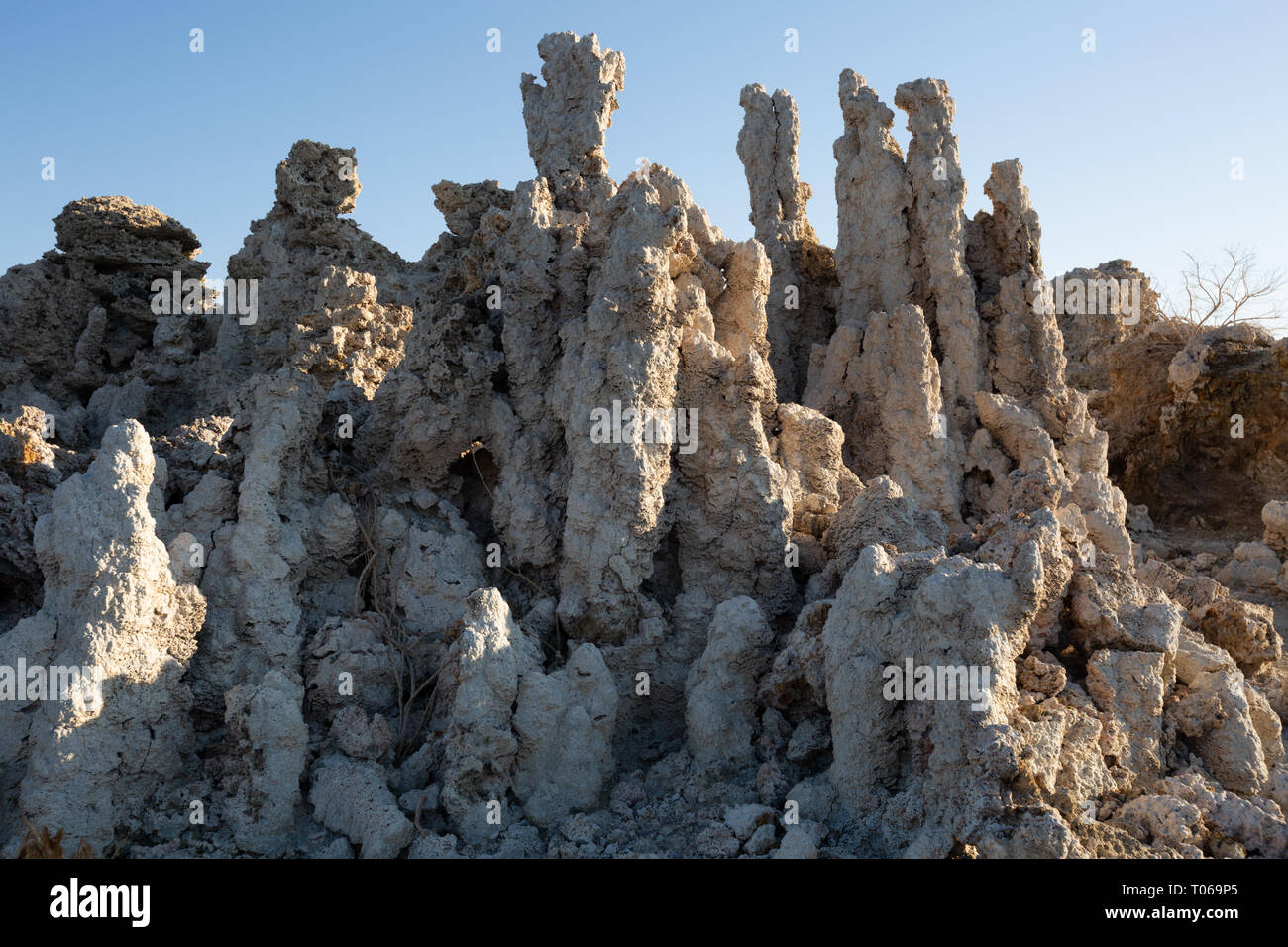 A group of limestone tufa towers against blue sky in the South Tufa Area, Mono Lake, Mono County, California, America Stock Photo