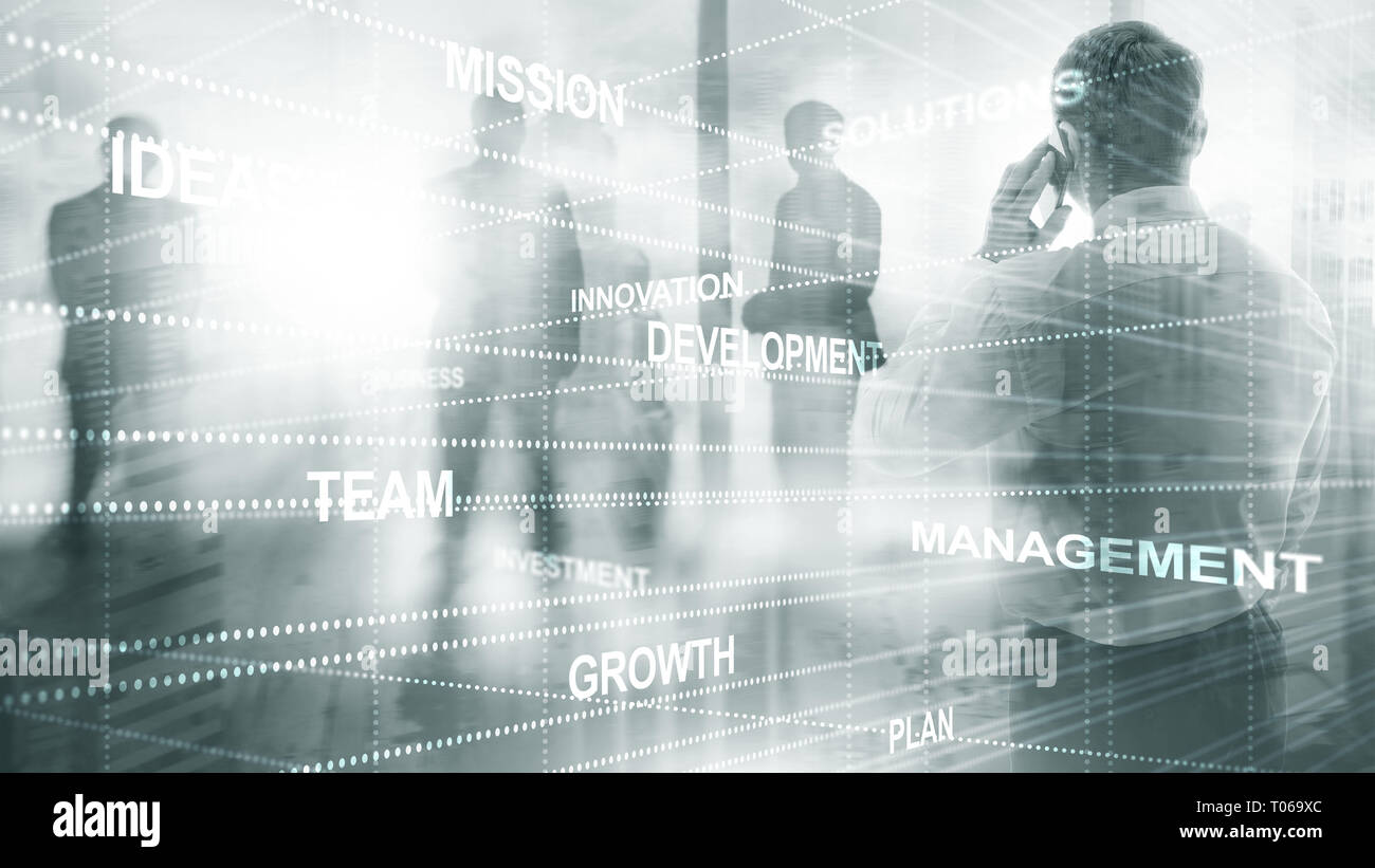 Abstract business background. Universal Wallpaper Finance concept.  Silhouettes of people mixed media futuristic. Idias mission innovation  Stock Photo - Alamy, image size:1300x821