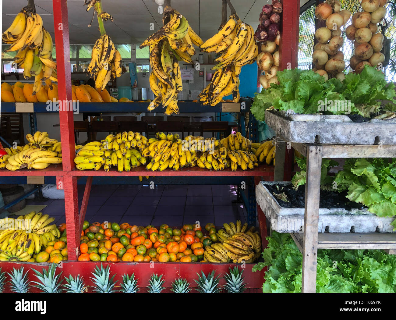 Central American fruit stand is covered with ripening bananas and other