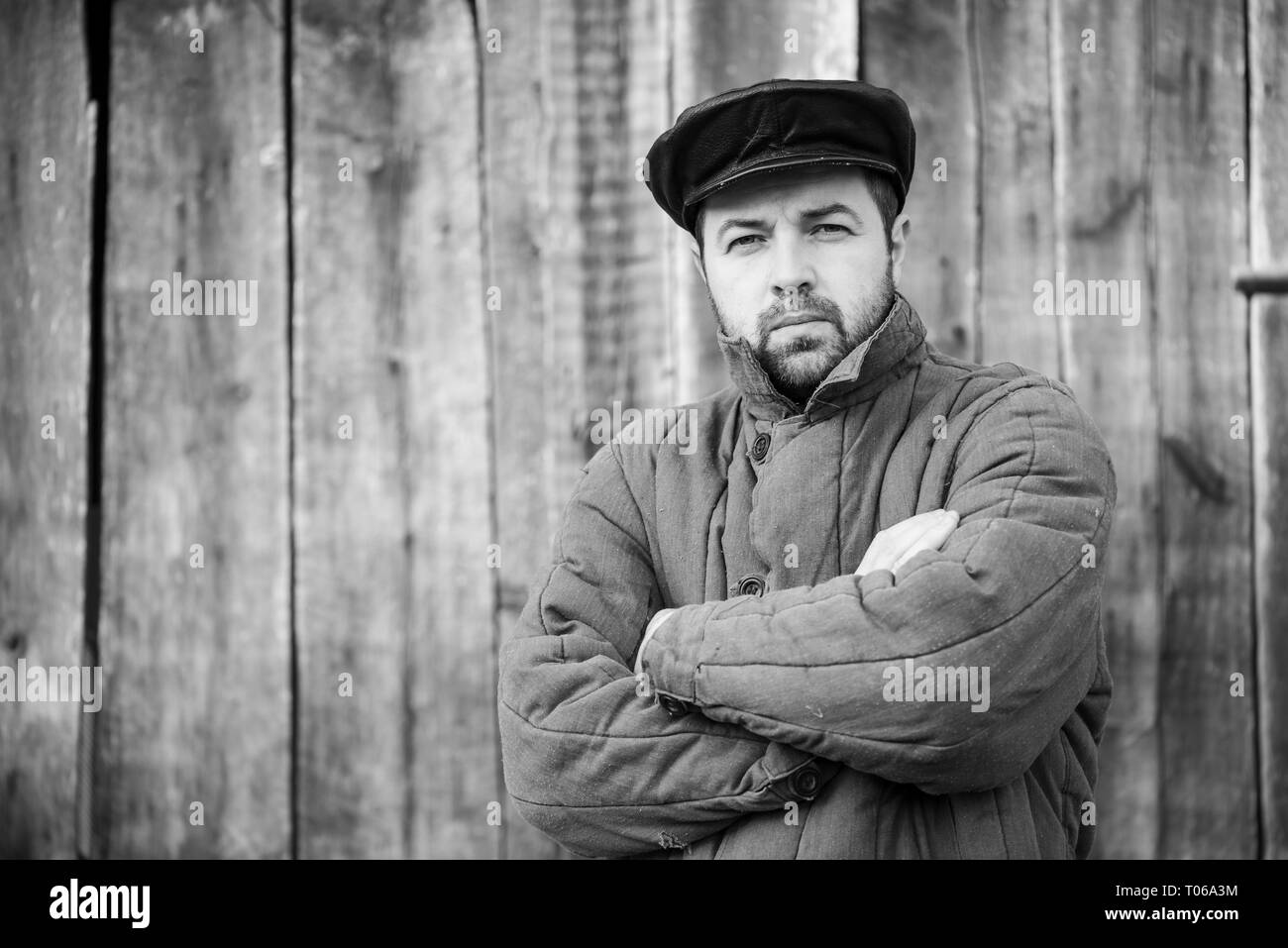 Monochrome Portrait Of Bearded Men In Old Fashioned Clothes Caucasian Man 35 Years Old Old