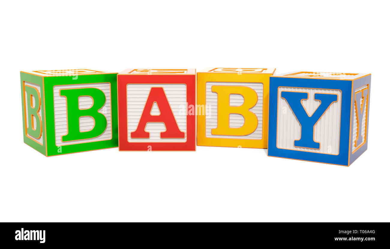 Baby word from ABC alphabet wooden blocks, 3D rendering isolated on white  background Stock Photo - Alamy