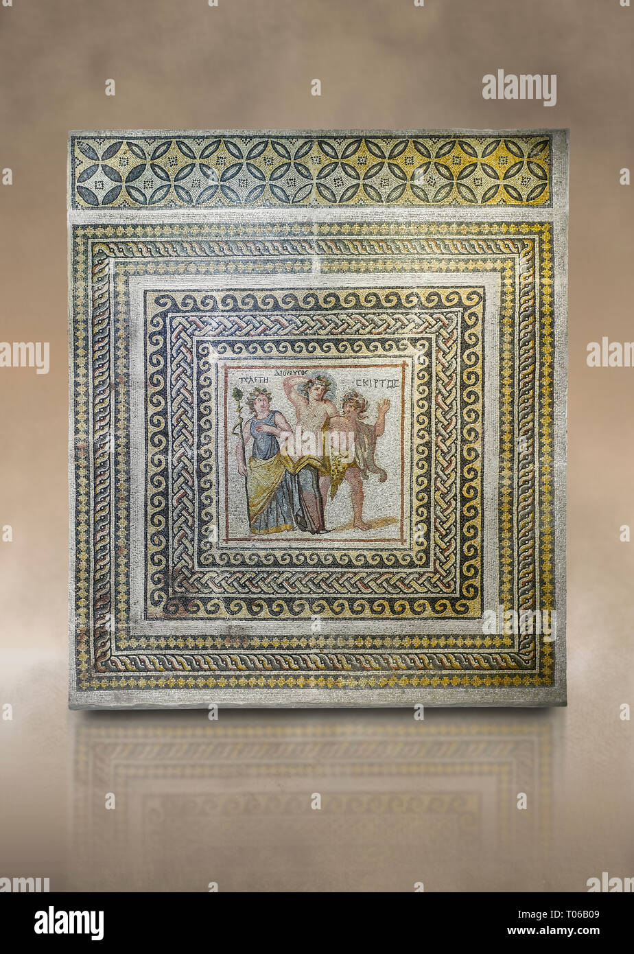 Roman mosaics - Dionysus Mosaic. Poseidon Villa Ancient Zeugama, 3rd century AD . Zeugma Mosaic Museum, Gaziantep, Turkey.   Against an art background Stock Photo