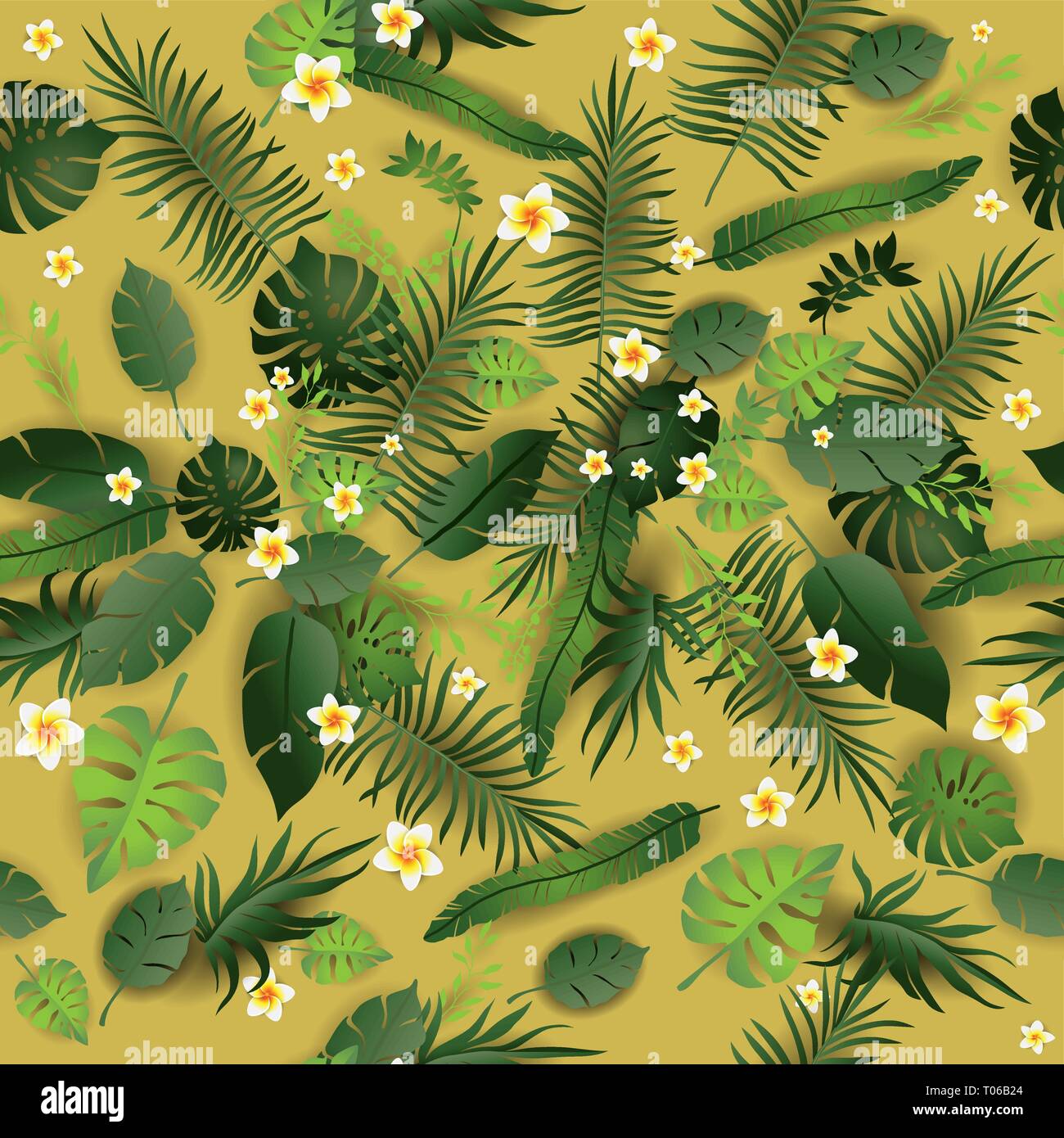 Seamless Pattern Exotic Floral Background. Tropical Flowers and Leaves Backdrop. Greenery print Seamless Design Stock Vector