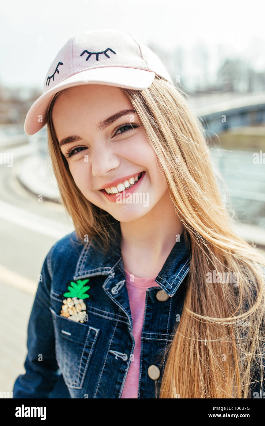 Nice beauty teenager Happy Young Beautiful Teenager Girl On The Urban Street Stock Photo Alamy
