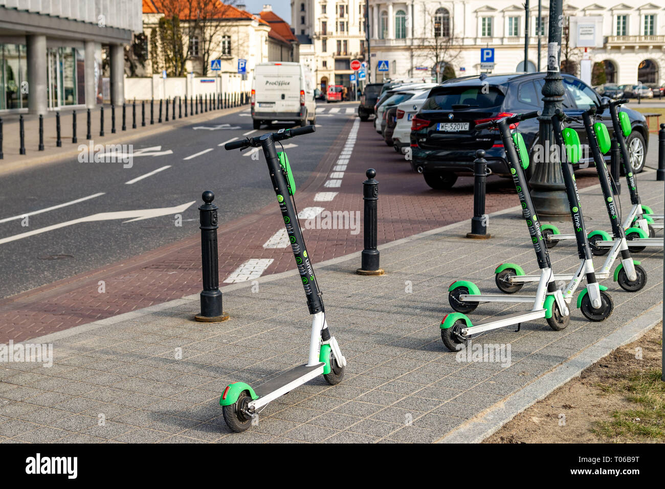 Electric scooter parked on the road. Warsaw Poland. February 18, 2019. Stock Photo