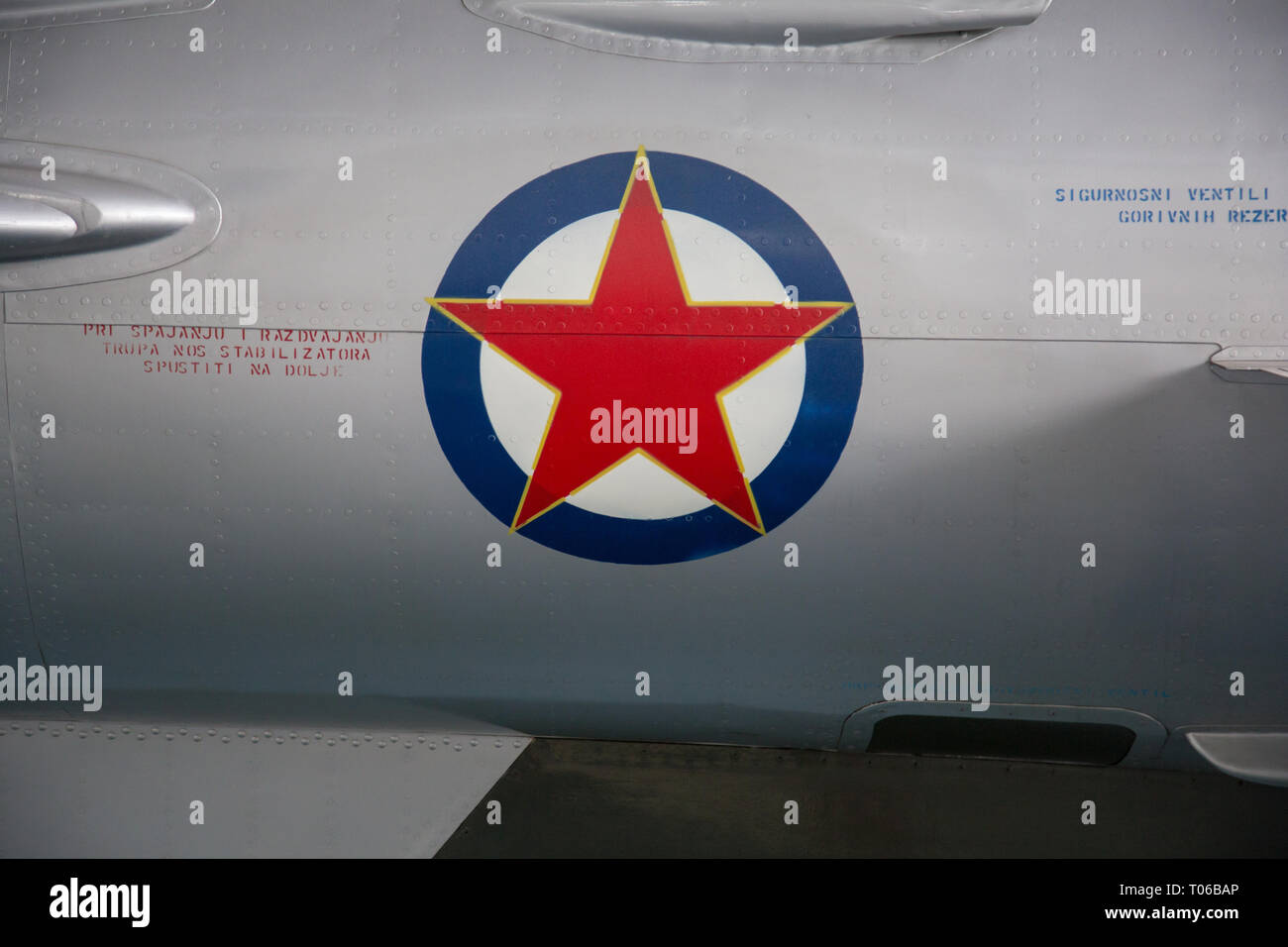 Roundel of the Yugoslav Air Force on a fuselage of MIG 21 displayed in  Serbian Aeronautical museum in Belgrade Stock Photo - Alamy