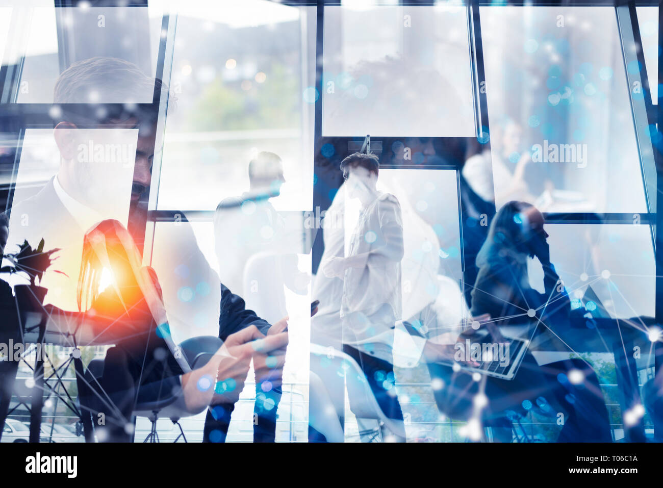 Business people collaborate together in office. Double exposure effects Stock Photo